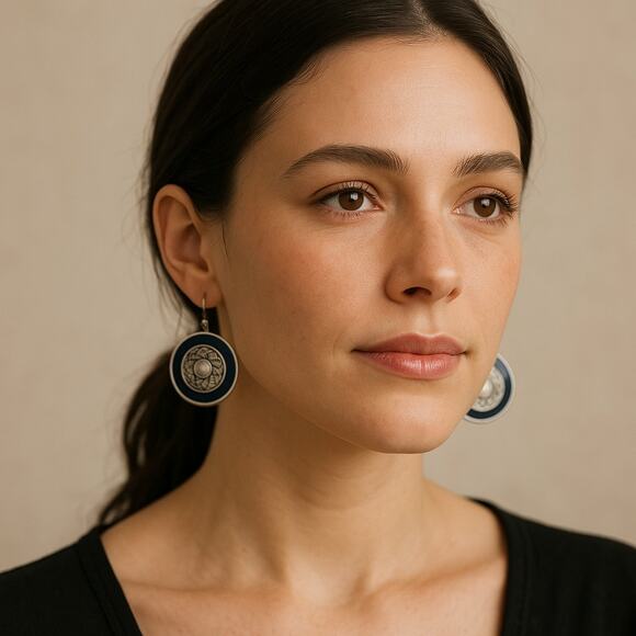 Boho Round Dangle Earrings Silver & Navy Blue Enamel Statement Jewelry - Picture 1 of 6